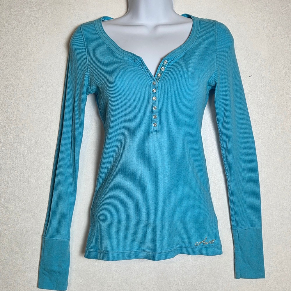 Y2K Bella Swan Aeropostale M Turquoise Blue Waffle Knit Henley Long Sleeve Top